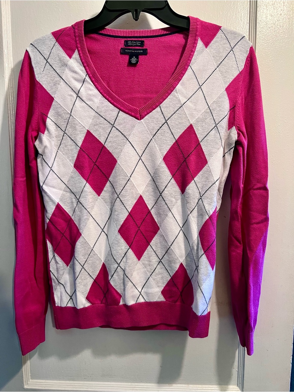 Tommy Hilfiger Pink and White Argyle V-Neck Sweater